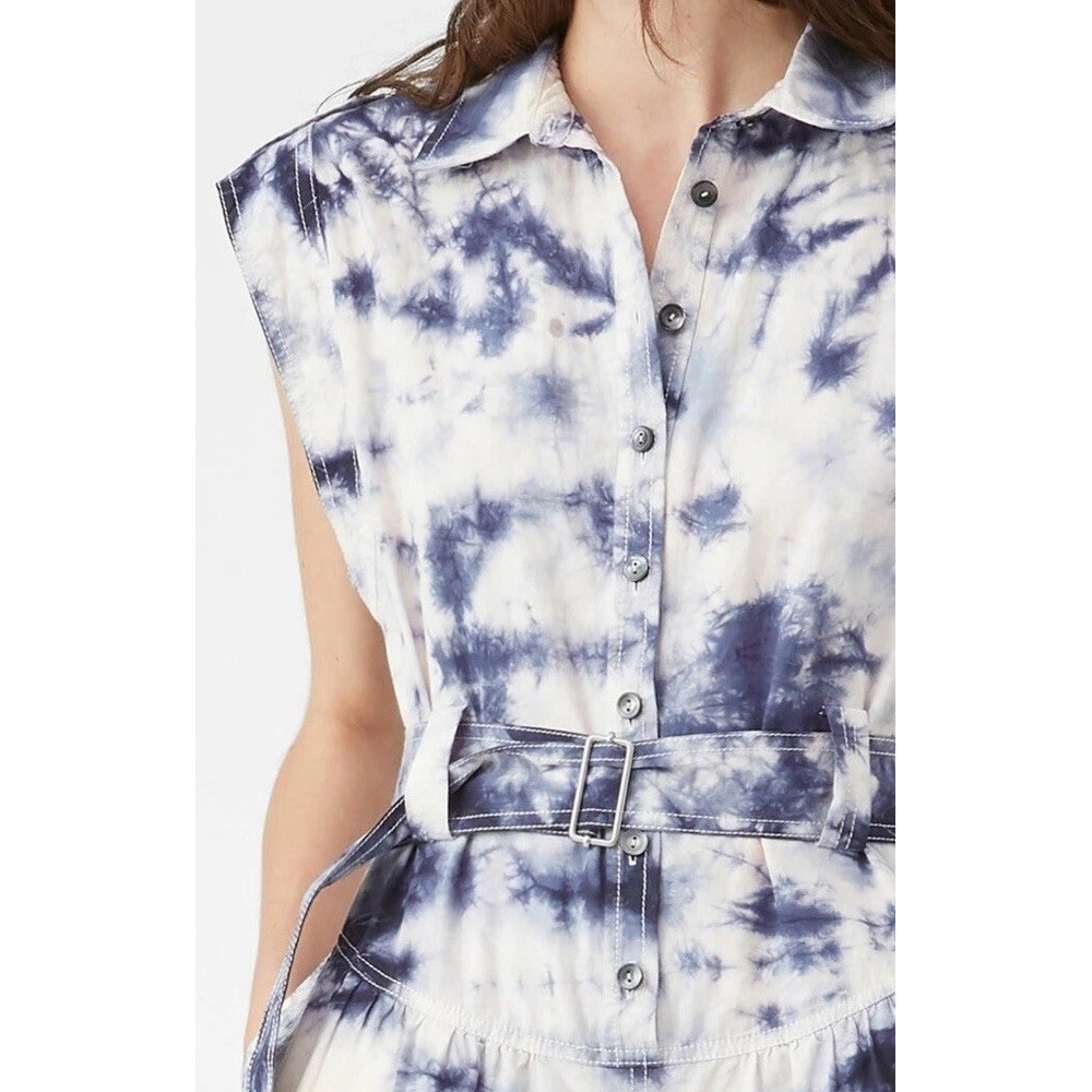 La Vie Rebecca Taylor Sleeveless‎ White/Navy Tie Dye Dress Belted Women's L NWT